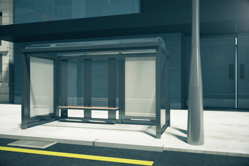 Blank posters on bus stop on city street, mock up, 3D render