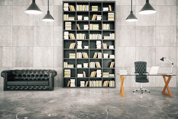 Private loft office with bookcase, leather sofa and glassy table