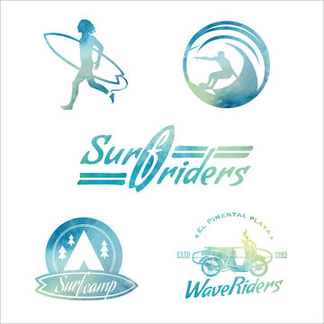 Vector Watercolor Retro Style Surfing Labels.