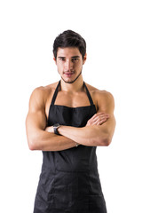 Young sexy shirtless chef or waiter wearing only apron