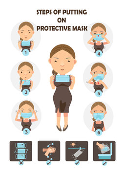 Protective mask   steps of putting on protective mask .Woman wearing surgical masks in a circle cartoon vector illustration.