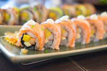 Sushi salmon tempura and shrimp selective focus