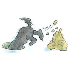 black dog digging a hole cartoon watercolor isolated