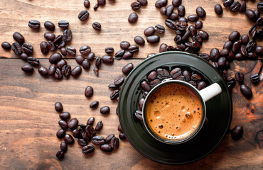 coffee, espresso on rustic background, toned image, selective focus