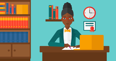 Woman using laptop for education.