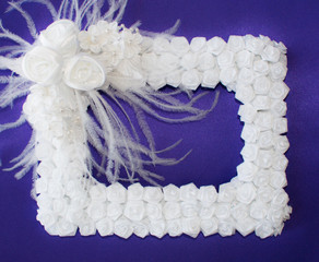 White satin roses,feathers,purple satin background. Great for wedding ,bridal showers or thank you notes