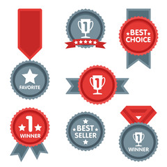 Medal and winner icon set. Blank Label of Flat Style. First place, flag, star.