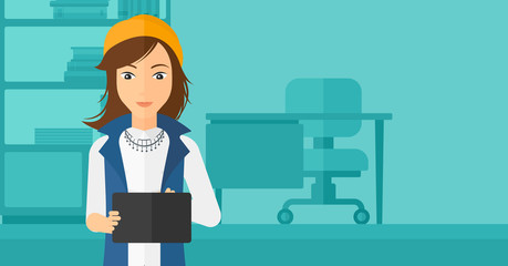 Woman using tablet computer.