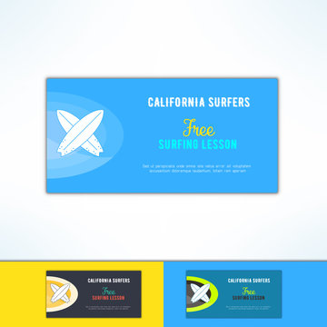 Vector surfing lesson ad flyer in modern flat design. Surf class advertising design element
