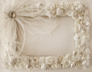 White feathers,rhinestone,white buttons on white satin, great for wedding invitations,bridal showers, or thank you notes