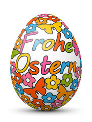 Frohe Ostern - 3D Vektor Osterei mit fröhlichen Ostersymbolen im Cartoon Style. Farbig und bunte Zeichen und Symbole im Comic Stil. Ostern, bemaltes Ei.