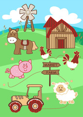 Market to farm cute farm animals on a hill