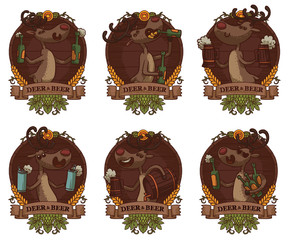 Vector set of six round brown wooden emblems with banners and  with cartoon image of funny brown deers with horns and with beer in bottles, mugs, cans, barrel on a light background. 