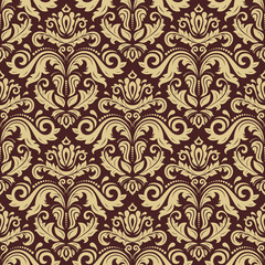 Damask seamless ornament. Classic oriental golden pattern with brown background