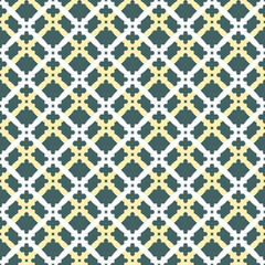 Geometric ornament with colorful elements. Seamless fine pattern. White and golden grills and green background