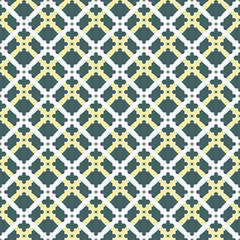 Geometric ornament with colorful elements. Seamless fine pattern. White and golden grills and green background