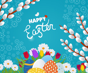 Fototapeta na wymiar Happy Easter Card with Eggs, Grass, Flowers. Poster, greeting card.