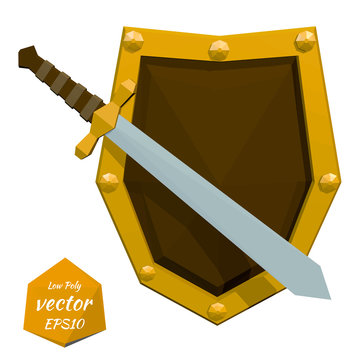 Low poly shield and sword on white background. Vector illustrati