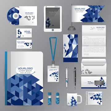 White identity template with blue origami elements. Vector compa