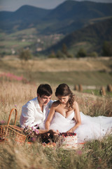 Beautiful wedding couple at picnic with fruit and cake on a background of mountains
