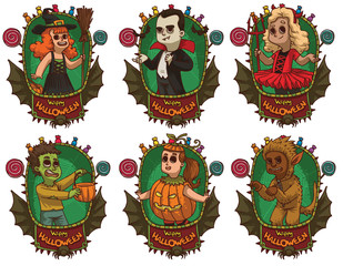 Vector image of green frames with bat wings, candies, spiders, banners and with cartoon images of children in various Halloween costumes on white background. Holiday, Halloween. Vector illustration.