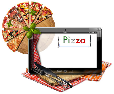 Pizza Menu in the Tablet Computer / Tablet pc with text Pizza, round cutting board with slices of pizza, on a cutting board, tablecloth and cutlery. Isolated on white background