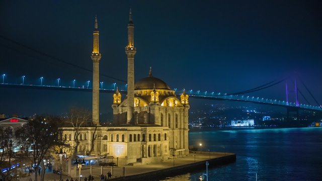 Ortakoy Mosque and the Bosphorus Bridge at night Istanbul Turkey timelapse