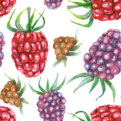 A seamless pattern with the blackberry and raspberry, hand-drawn in a watercolor on a white background