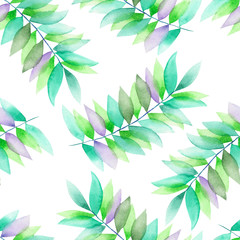 Obraz premium A seamless floral pattern with the green and violet leaves on the branches, hand-drawn in a watercolor on a white background