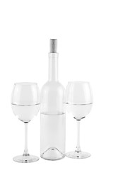 Isolated bottle and glasses with water
