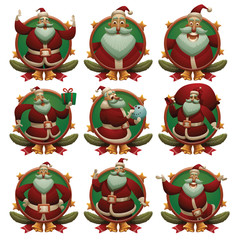 Vector set of images of round orange-green frames with fir branches, ribbons, stars, bells and with cartoon images of cute Santa Clauses on a light background. Christmas, New Year. Vector illustration