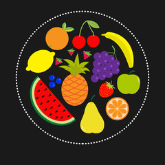 Juicy ripe fruit and berry set. Banana cherry strawberry orange pineapple grape lemon cherry  watermellon blueberry pear raspberry apple Dash line circle composition Black background Flat design.