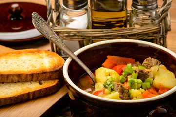 Hungarian soup goulash with meat and vegetables.
