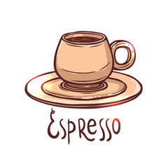 cup of Espresso Coffee on white background with typography, hand drawn illustration