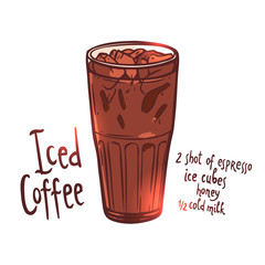 cup of Iced Coffee on white background with typography, hand drawn illustration