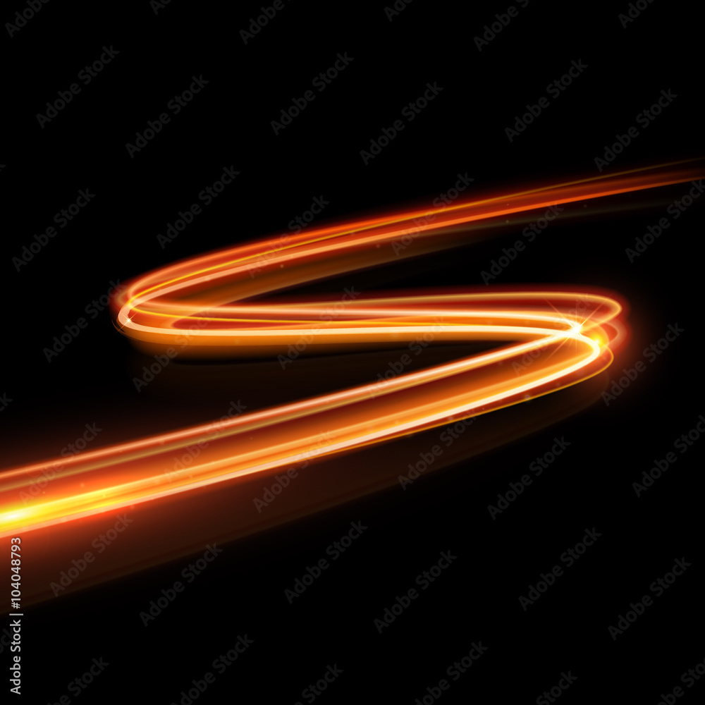 Poster Vector magic glowing spark swirl trail. Bokeh glitter light wave.