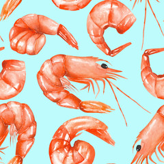 A seamless pattern with the isolated watercolor shrimps, hand-drawn on a mint background
