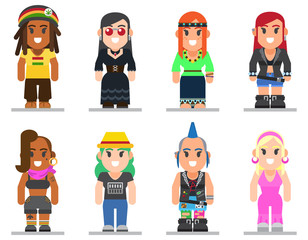 different subcultures woman in trendy flat style. 