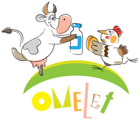 Cartoon character. Funny cow and hen