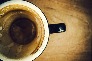 closeup of empty coffee cup , vintage color tone