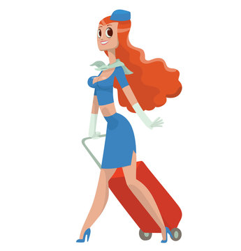 Vector cartoon image of a beautiful stewardess with long wavy red hair in a blue blouse, skirt and blue forage-cap, with big red suitcase walking on a white background. Airline. Vector illustration.