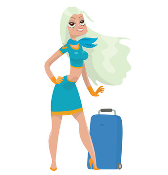 Vector cartoon image of a beautiful stewardess with long white hair in a blue-yellow blouse, skirt and blue cravat, with big blue suitcase smiling on a white background. Airline. Vector illustration.