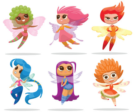 Vector cartoon image of a set of cute female fairies with big eyes, with butterfly wings, with a different hair color and in different clothes on a white background with shadows. Vector illustration.
