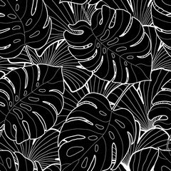 Black and white graphic tropical leaves seamless pattern © big_and_serious