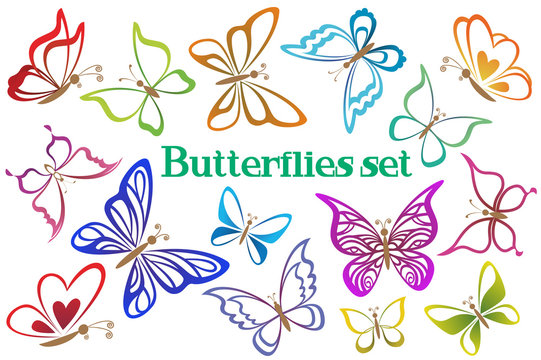 Set Butterflies Pictograms, Colorful Contours Isolated on White Background. Vector