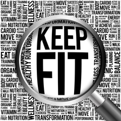KEEP FIT word cloud with magnifying glass, health concept