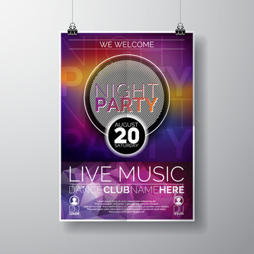 Vector Night Party Flyer Design with copy space on dark violet background.