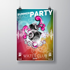 Vector Summer Beach Party Flyer Design with speakers on color background.