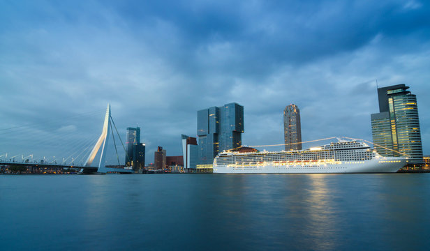 Twilight at Erasmus Bridge with Skyscraper in Rotterdam