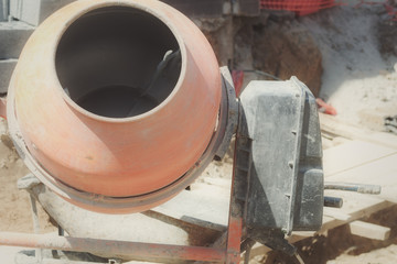 Cement mixer on a construction site.